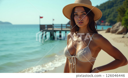 A woman posing on a beach. 126046446