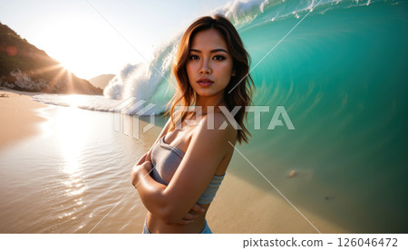 A woman stands by a crashing wave. 126046472