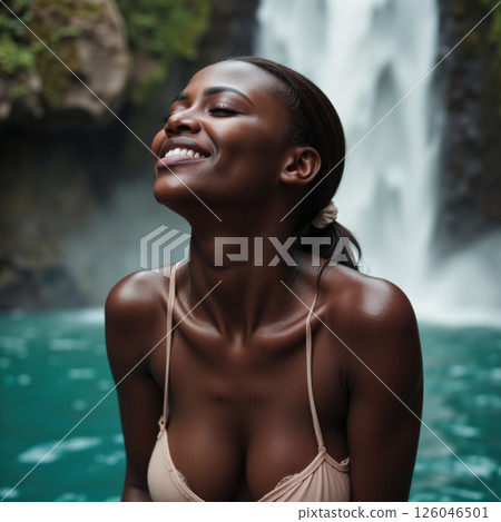 Joyful woman by waterfall. 126046501