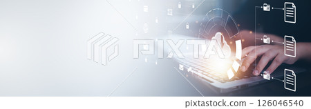 Man using tablet and data information on the Cloud Computing Technology Internet Storage Network,  big data Through internet technology, Cloud sharing download and upload 126046540