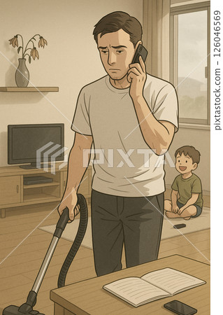 A father working hard at childcare and housework Illustration Generative AI 126046569
