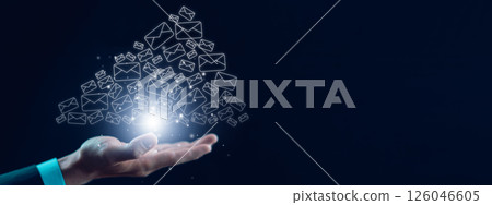 Businessman hand holding e-mail icon letter on a touch screen interface, virtual postal envelope, concept of spam email, internet and networking, Contact us newsletter email and protect your personal. 126046605