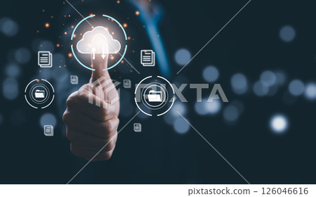 Cloud technology concept Global network of metaverse systems concept, Man hand touch data with internet cloud technology and File Transfer backup copy,Global business  Internet for Telecommunication 126046616