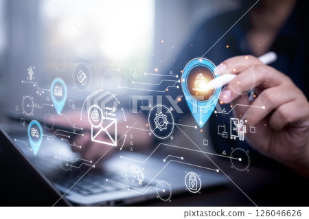 Supply Chain Management concept transportation and logistic suppliers, import export and transport industry. network distribution growth. container cargo ship and trucks of industrial cargo freight fo 126046626