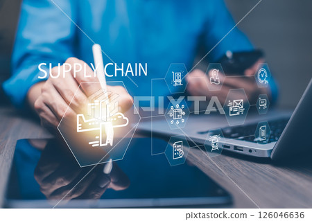 Supply Chain Management concept transportation and logistic suppliers, import export and transport industry. network distribution growth. container cargo ship and trucks of industrial cargo freight fo Supply Chain Management concept transportation and logistic suppliers, import export and transport industry. network distribution growth. container cargo ship and trucks of industrial cargo freight fo 126046636