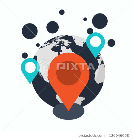 Location concept. Location pin on world globe. Branch office concept. Flat vector illustration Location concept. Location pin on world globe. Branch office concept. Flat vector illustration 126046698