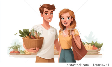 Young couple buying fresh vegetables at farmers market 126046761