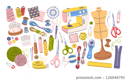 Sewing elements hand drawn set with needlecraft equipment, tailoring tools, craft workshop supplies Sewing elements hand drawn set with needlecraft equipment, tailoring tools, craft workshop supplies 126046795