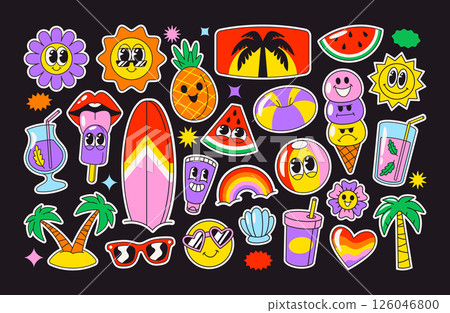 Funny summer retro stickers set with kawaii groovy emoticons, vacation accessories, nature elements 126046800