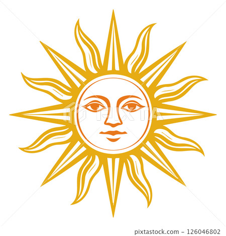 Golden sun illustration with facial features and radiating rays, emphasizing warmth and brightness in a creative design Golden sun illustration with facial features and radiating rays, emphasizing warmth and brightness in a creative design 126046802