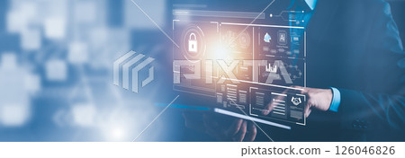 Hand using laptop with Security password login online Cyber data protection Internet security  technology concept Chatbot chat with AI artificial intelligence.  126046826