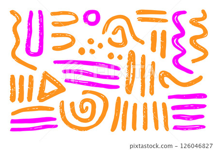 Colorful illustration of shapes in vibrant orange and pink on a white background for artistic expression. Textured abstract lines. Colorful illustration of shapes in vibrant orange and pink on a white background for artistic expression. Textured abstract lines. 126046827