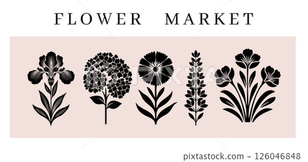 Flower market flyer design. Black silhouettes of garden flowers on beige background. Botanical illustration. 126046848