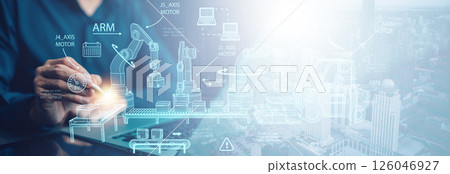 Digital future manufacture concept,,Industrial Engineer and AI, Artificial Intelligence concept, Manager Technical Industrial Engineer people and control robotics with monitoring system software  126046927