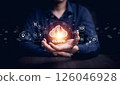 Man touching connect to data information on the Cloud Computing Technology Internet Storage Network Concept And a large database big data Through internet technology, Cloud sharing download and upload 126046928