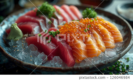 Classic sashimi assortment elegantly presented on ice in a stylish restaurant, with modern plate and ambient lighting. 126046984