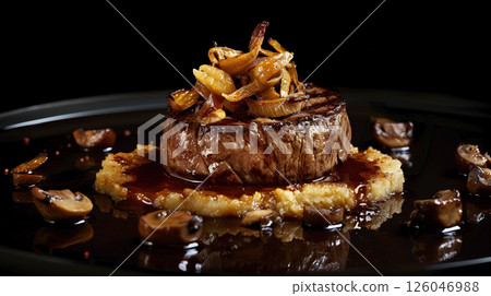 Elegant Porcini Tournedos Rossini: Filet Mignon, Foie Gras, Porcini Sauce, and Creamy Polenta 126046988