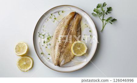 Smoked Turbot Meuniere: Smoky Colors and Textures on Clean White Background for Culinary Ads 126046996
