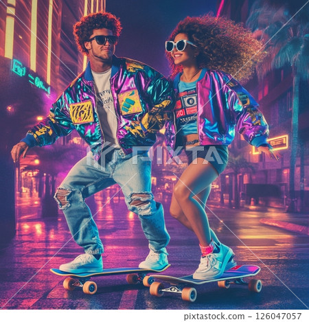Retro 80s Style Couple Riding Skateboards at Night  AI Generated 126047057