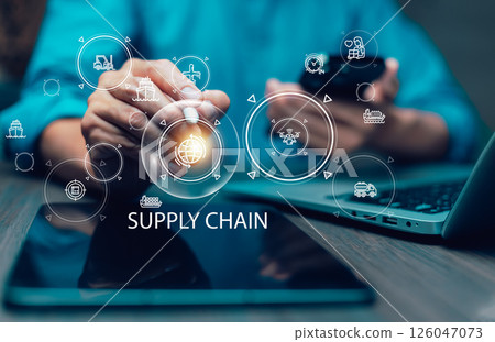Supply Chain Management concept transportation and logistic suppliers, import export and transport industry. network distribution growth. container cargo ship and trucks of industrial cargo freight Supply Chain Management concept transportation and logistic suppliers, import export and transport industry. network distribution growth. container cargo ship and trucks of industrial cargo freight 126047073