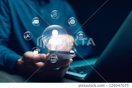 businessman holding smartphone Personal information file storage concept ,HR checklists of employees Corporate data management system and document management system with employee privacy. businessman holding smartphone Personal information file storage concept ,HR checklists of employees Corporate data management system and document management system with employee privacy. 126047075