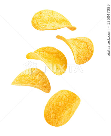 Crispy Golden Potato Chips in Mid Air 126047089