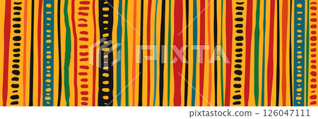 African geometric seamless pattern on yellow background. Abstract ethnic horizontal ornament. Juneteenth celebration background. For greeting card, banner, textiles, wallpaper. Vector illustration. 126047111
