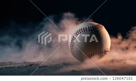 Baseball Levitating with Dramatic Lighting and Smoke, Dark Background Intensity 126047181