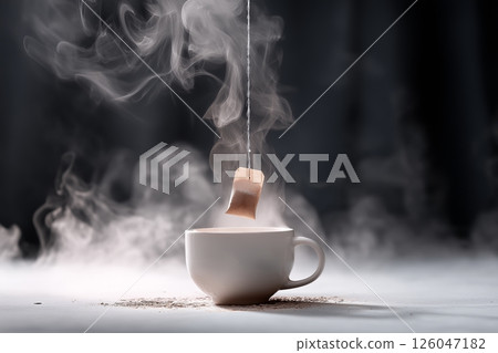 A tea bag dangling over a cup of boiling water, about to be dipped 126047182