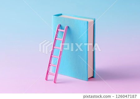 Book with Ladder as Symbol of Knowledge and Learning on Colorful Background 126047187