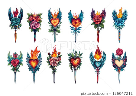 Cartoon flash tattoo concepts. Rose flower blossom with straight razors and sharp blade, winged heart and fire flame with knife, vintage retro old style classical designs isolated on white backdrop Cartoon flash tattoo concepts. Rose flower blossom with straight razors and sharp blade, winged heart and fire flame with knife, vintage retro old style classical designs isolated on white backdrop 126047211