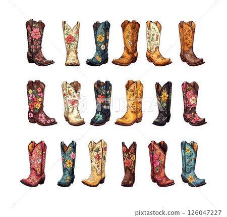 Cartoon cowboy boots. Wild west shoes with floral ornaments, traditional cowgirl american rancher unisex footwear cattleman leather accessories, isolated vector set 126047227