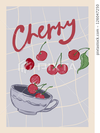 Vector fruit poster of cherry, leaves and cup. Hand-drawn garden harvest sketch. Tasty food illustration for restaurant and cafe interior, fruit market drawing print, fabric or background. 126047250