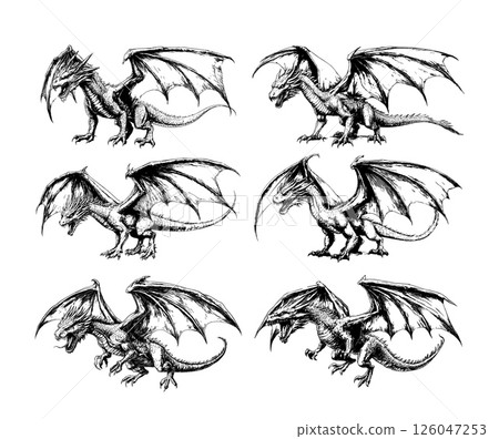 Black ink sketch flying dragons. Winged beast open mouth with fangs, thorns membranes scales mythical magical legendary reptile, medieval character creature dinosaur monochrome isolated illustrations Black ink sketch flying dragons. Winged beast open mouth with fangs, thorns membranes scales mythical magical legendary reptile, medieval character creature dinosaur monochrome isolated illustrations 126047253