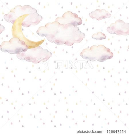 Watercolor Template for childish greeting card with soft moon, raindrops, and clouds forming a frame. Illustration of sky background in pastel colors for Baby shower invitations or nursery posters. 126047254