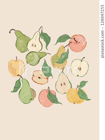 Vector fruit poster of apples and pears. Hand-drawn garden harvest sketch. Tasty food illustration for restaurant and cafe interior, fruit market drawing print, fabric or background. 126047255