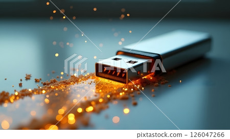 Modern USB Flash Drive Surrounded by Light and Spark Magic 126047266