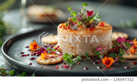 Foie Gras Mousse in Pastry Shell with Edible Flowers and Microgreens 126047352