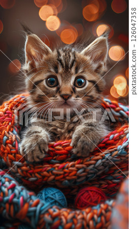 A playful scene filled with colorful cat toys, such as yarn balls, toy mice, and feathers, spread across the floor.A curious, energetic kitten with a playful demeanor eagerly approaches the bowl, 126047358