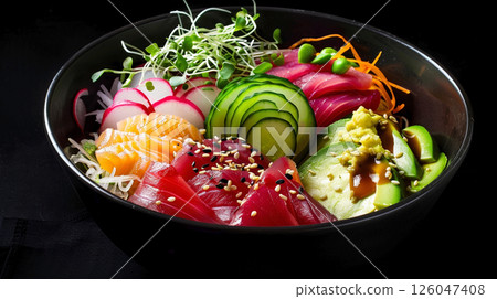 Rainbow Sashimi Bowl: Vibrant Sashimi, Avocado, Cucumber, and Sushi Rice on a Sleek Black Background 126047408