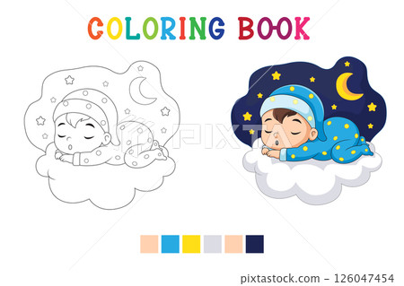cute baby cartoon sleeping on cloud in coloring book style cute baby cartoon sleeping on cloud in coloring book style 126047454