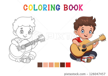 cartoon little boy playing acoustic guitar in coloring book style cartoon little boy playing acoustic guitar in coloring book style 126047457