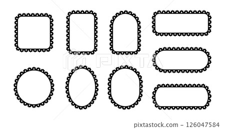 Lace border frames. Scallop pattern on borders. Set of black vector illustrations of ornaments isolated on white background. 126047584