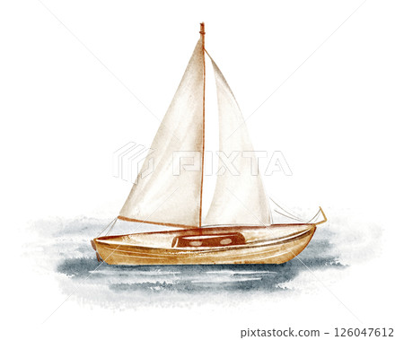 A watercolor illustration of a sailboat on the ocean. The design features a nautical theme with waves and wind. Ideal for travel, maritime, and sailing-related projects. 126047612