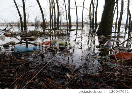 Plastic bottles and many other garbage lies on the shore of the lake 126047651