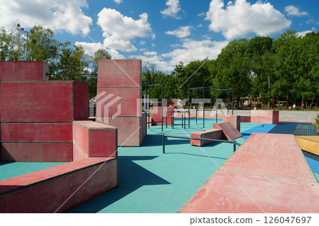 Sports ground with equipment in open air sport zone for parkour and freerunning 126047697