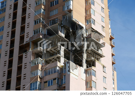 Russian missile damaged multi-storey dwelling building in Kiev city, Ukraine 126047705