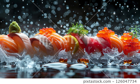 Sashimi slices (tuna, salmon, yellowtail) float above ice, with pickled ginger, wasabi, and soy sauce in mid-air 126047734