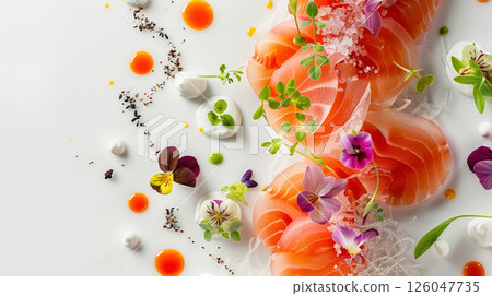 Modern Art Sashimi Platter: sashimi, edible flowers, microgreens, and sauces elegantly arranged on a pristine white background 126047735