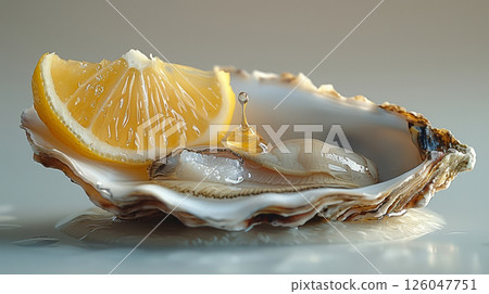 A single freshly shucked oyster on the half shell, garnished with a drop of mignonette sauce and a tiny lemon wedge, levitating against a soft, neutral background 126047751